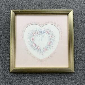 Vintage Floral Pink Heart Gold Framed Wall Decor Cottagecore, Grandmacore, Homco